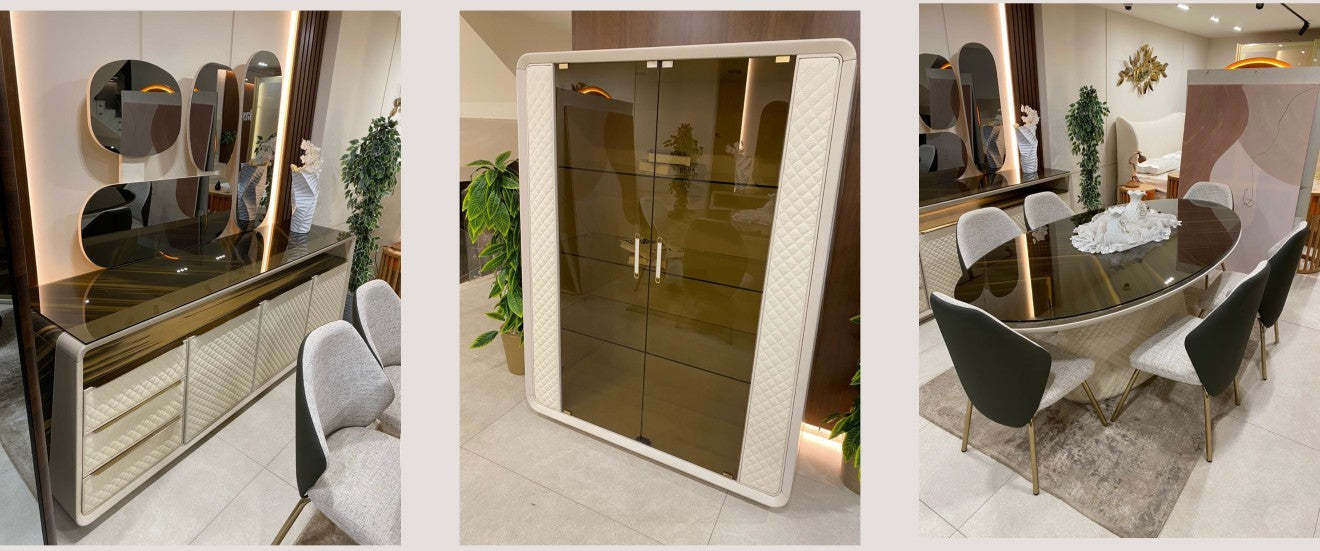 The Nile Luxuries modern dining set: sideboard with high-gloss dark wood top, cream quilted panels, gold frame, and display cabinet with smoked glass doors.