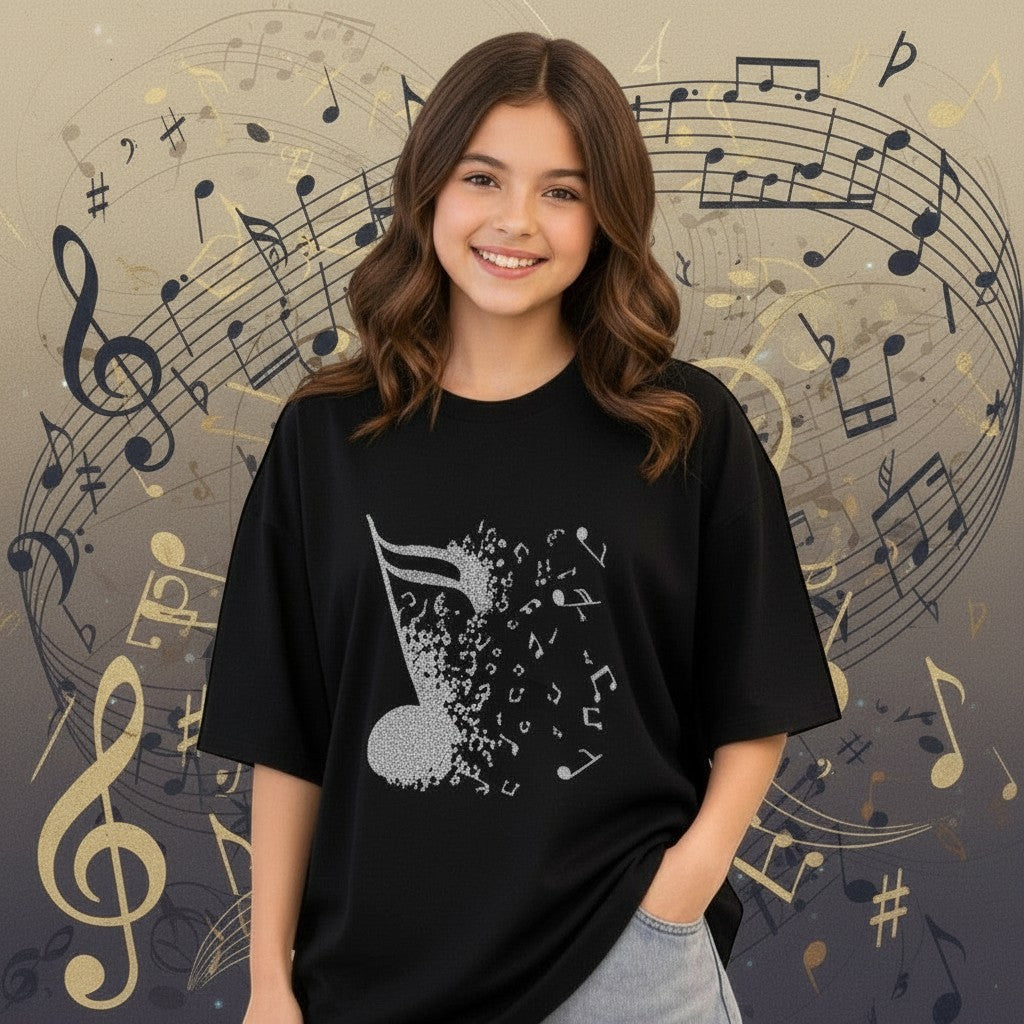 The Nile Luxuries black cotton t-shirt with a glittery musical note graphic that dissolves into smaller notes.