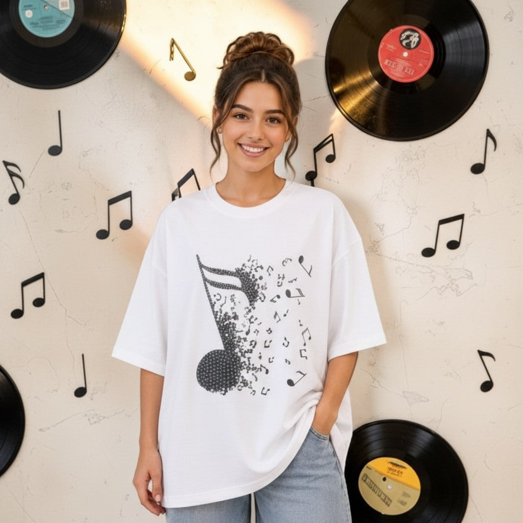 The Nile Luxuries white cotton t-shirt with a graphic of a musical note dissolving into smaller notes.
