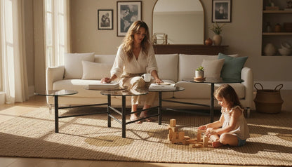 The Nile Luxuries modern nesting coffee tables with smoked glass tops and black metal frames in a living room setting.