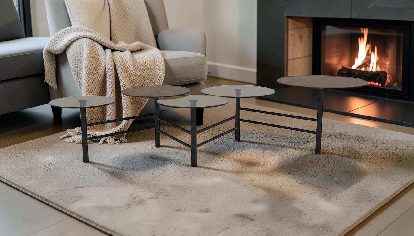 The Nile Luxuries set of 5 modern nesting coffee tables with round wood and smoked glass tops on black metal frames.