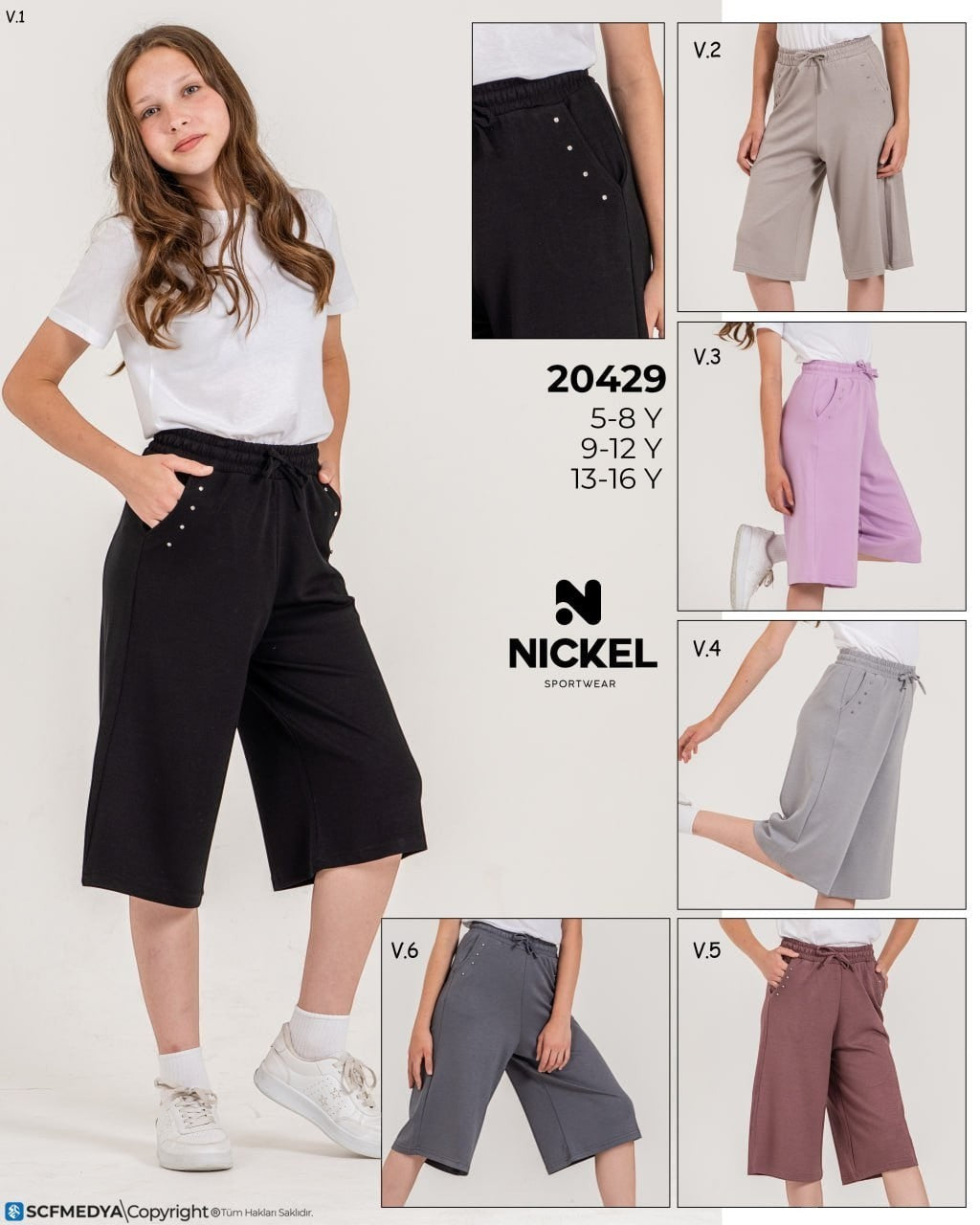 The Nile Luxuries NICKEL SPORTWEAR girls' casual culotte pants with drawstring waist, side pockets, and stud details.