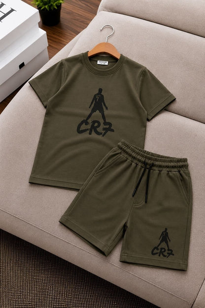 The Nile Luxuries olive green CR7 graphic t-shirt and shorts set for kids with a football-inspired print.