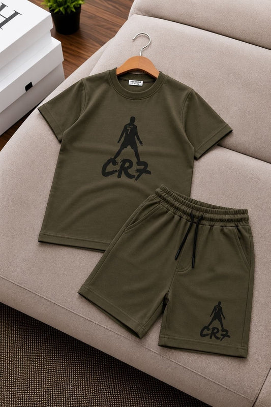 The Nile Luxuries olive green CR7 graphic t-shirt and shorts set for kids with a football-inspired print.