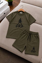 The Nile Luxuries olive green CR7 graphic t-shirt and shorts set for kids with a football-inspired print.