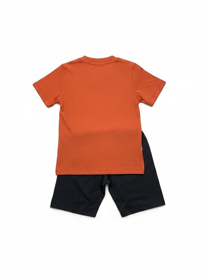 The Nile Luxuries toddler boys two-piece set with a plain orange short-sleeve t-shirt and black pull-on shorts