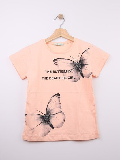 The Nile Luxuries peach cotton blend t-shirt with rhinestone butterfly graphic and text.