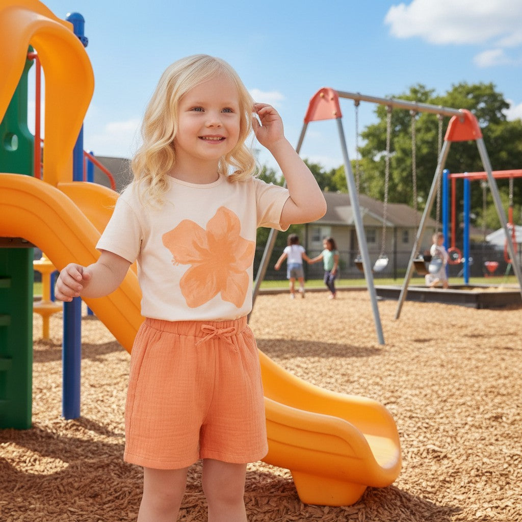 The Nile Luxuries baby girl's peach floral t-shirt and orange gauze shorts set. Short-sleeve tee with large orange flower graphic. Elastic waist shorts with drawstring.