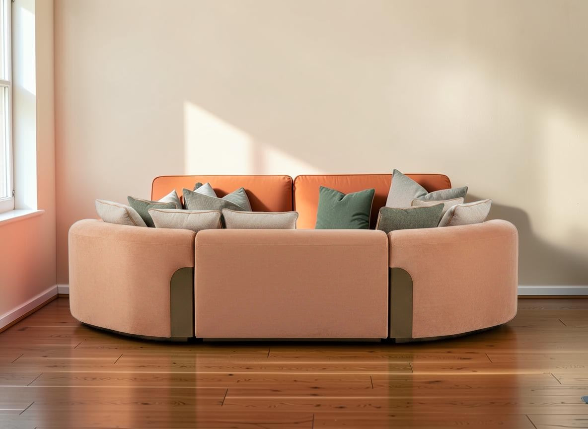 The Nile Luxuries contemporary curved sectional sofa in peach velvet with cream and sage green pillows. Features rounded arms and metallic base accents.