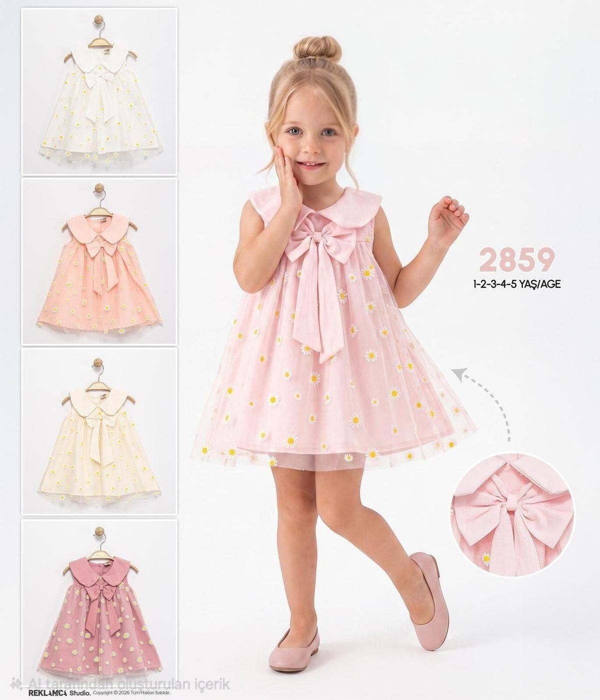 The Nile Luxuries girls pink tulle dress with daisy embroidery, Peter Pan collar, and oversized bow detail.