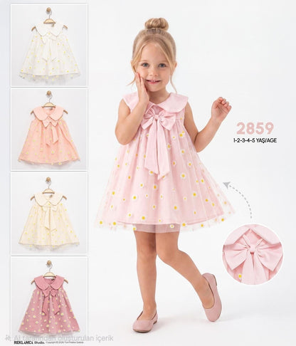 The Nile Luxuries girls pink tulle dress with daisy embroidery, Peter Pan collar, and oversized bow detail.