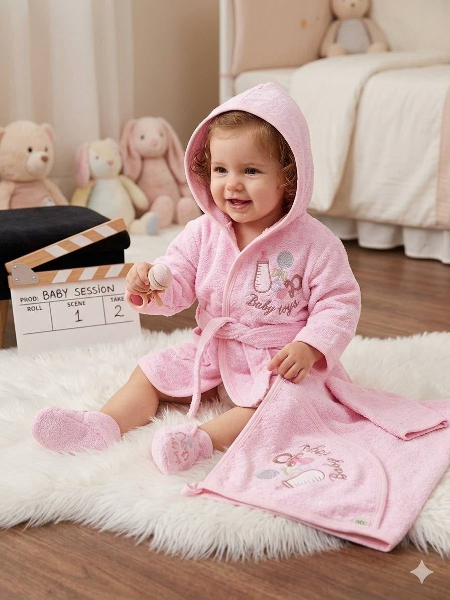 The Nile Luxuries pink hooded baby bathrobe and towel set with embroidered baby toys design on a smiling toddler.