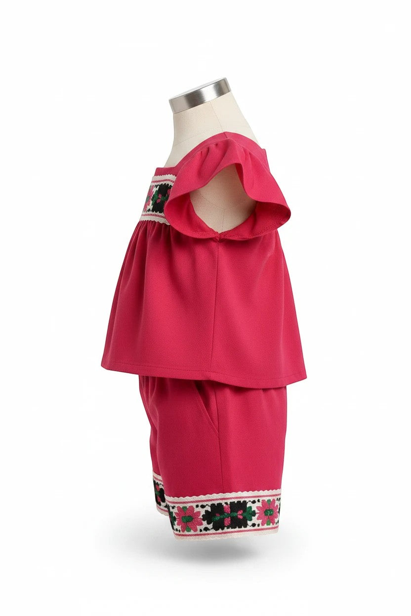 The Nile Luxuries toddler girl pink flutter-sleeve top and shorts set with floral embroidery and lace trim, side view