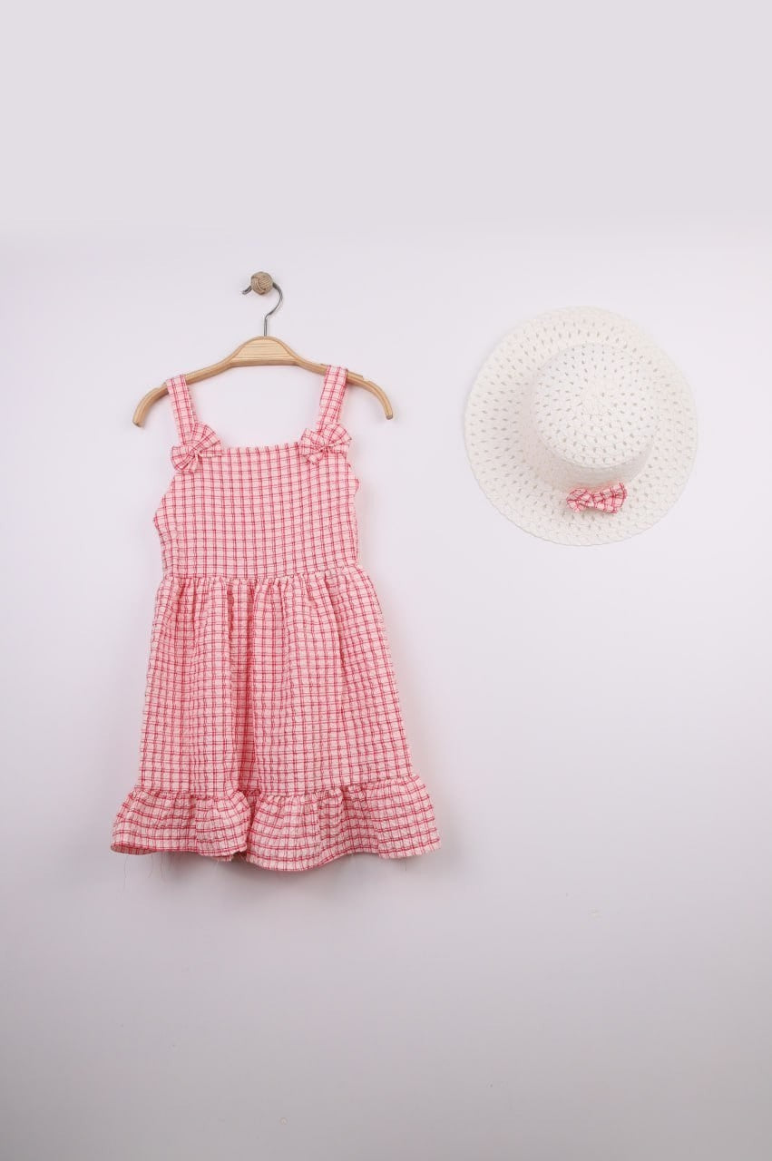 The Nile Luxuries pink gingham ruffle dress with bow straps and matching hat set for girls.