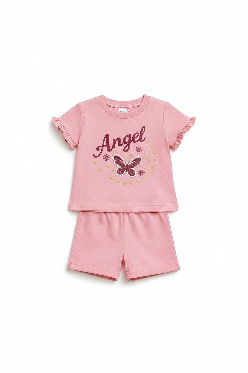 The Nile Luxuries pink girls two-piece set with ruffled sleeve t-shirt featuring an Angel butterfly graphic and shorts
