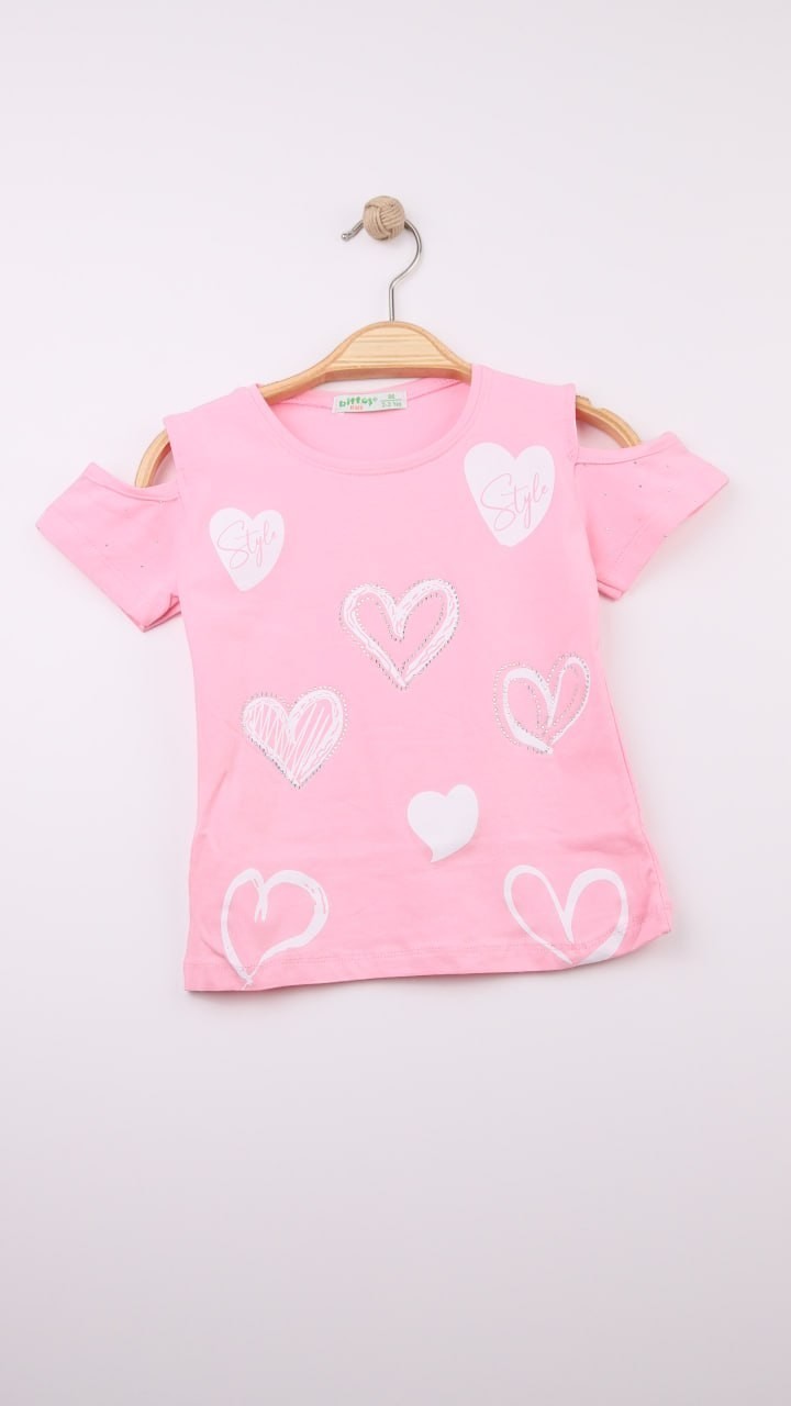 The Nile Luxuries pink cotton t-shirt with cold shoulder design and assorted heart prints, some with glitter.