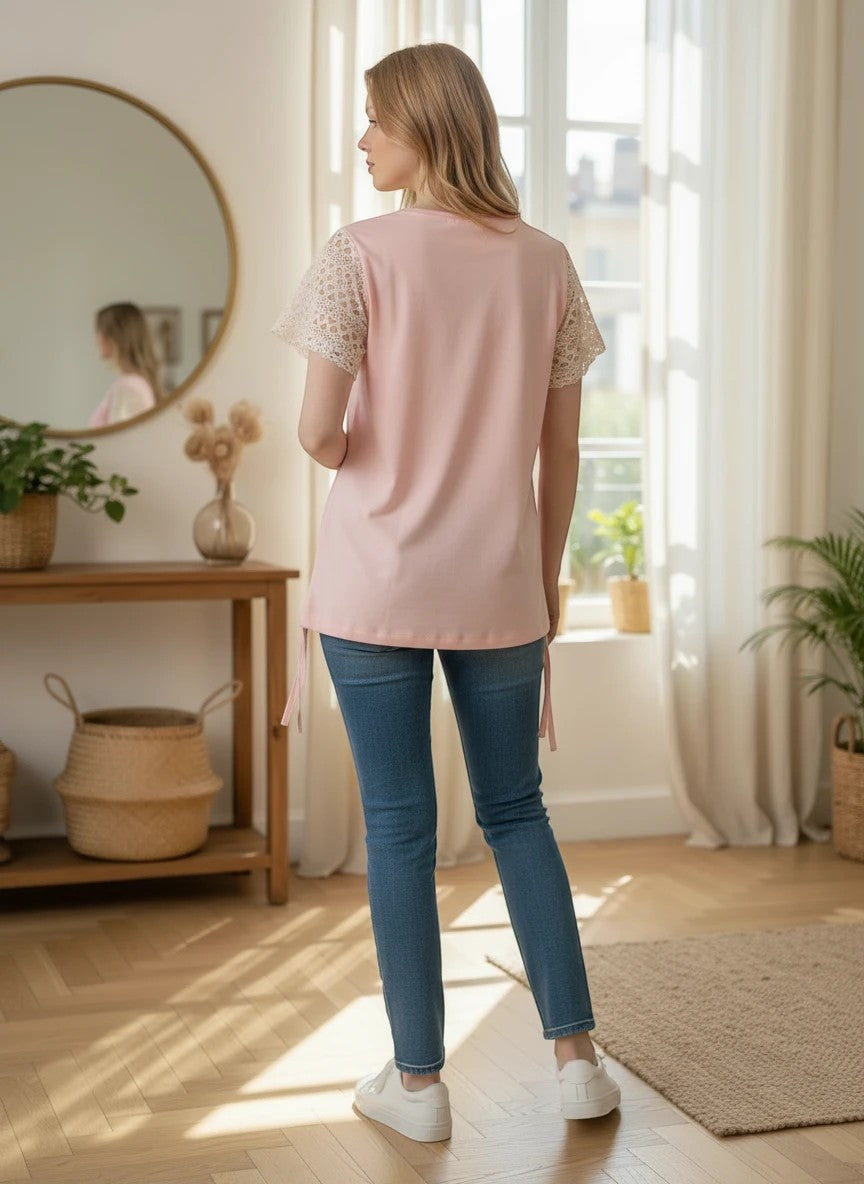 The Nile Luxuries pink cotton t-shirt with lace sleeves and tie details. Relaxed fit, short sleeves.