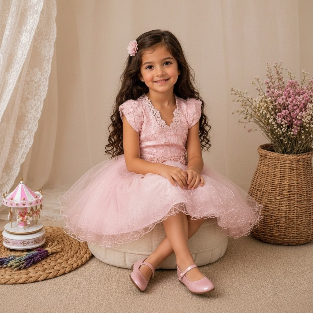 The Nile Luxuries blush pink lace and tulle special occasion dress with floral appliques and cap sleeves.