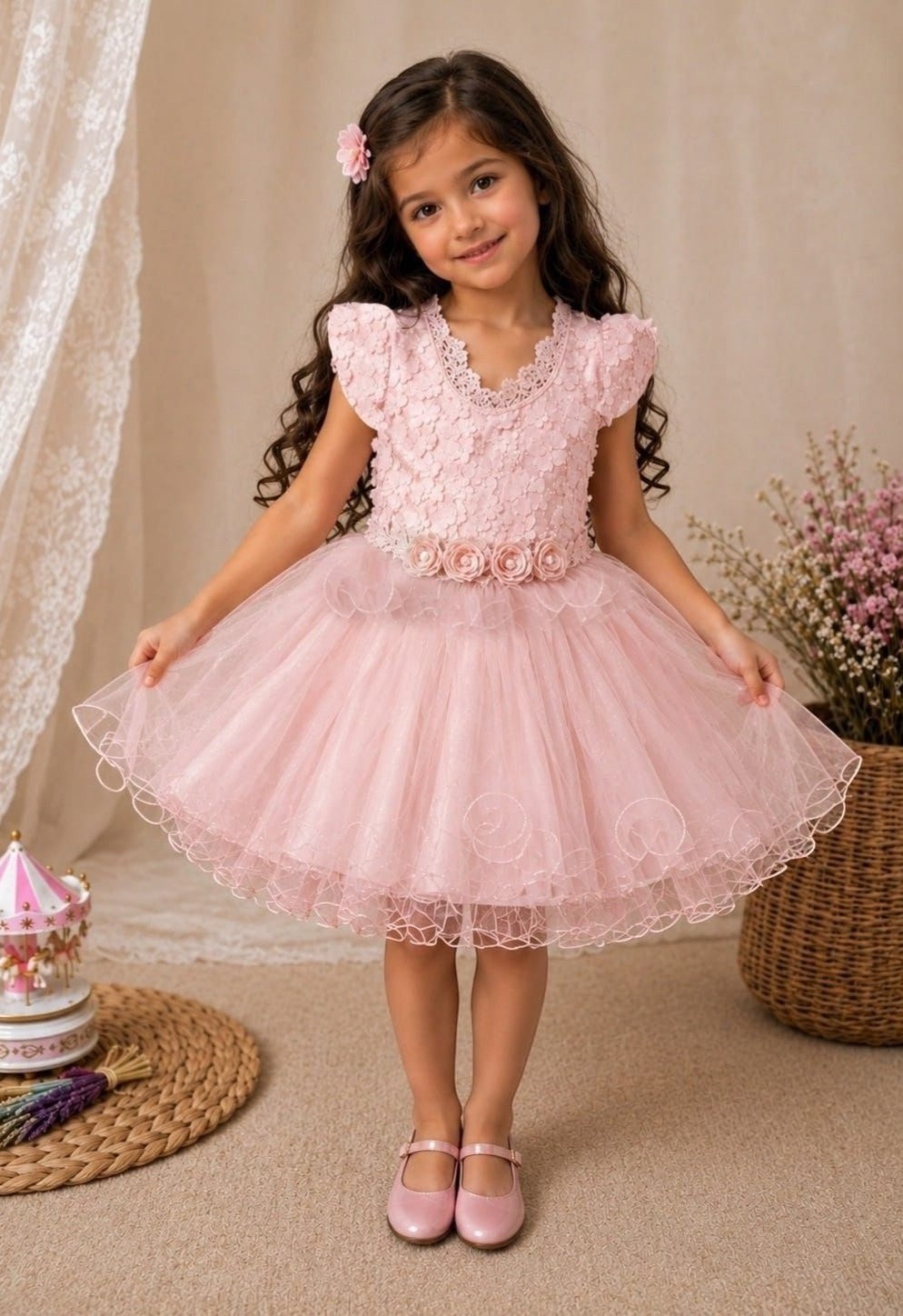 The Nile Luxuries blush pink lace and tulle girls dress with floral appliques and cap sleeves.