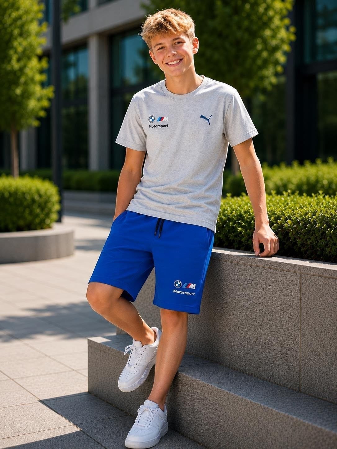 The Nile Luxuries PUMA BMW Motorsport grey t-shirt and blue athletic shorts worn by a smiling young man outdoors.
