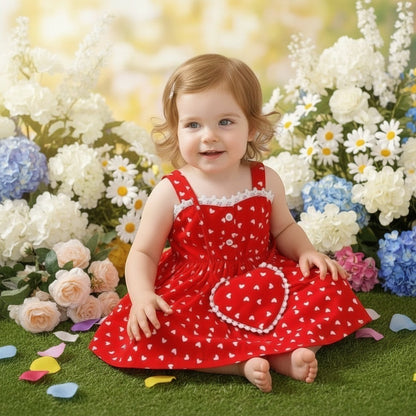 The Nile Luxuries red heart print sundress with lace trim and matching heart purse. Sleeveless, empire waist, A-line skirt.