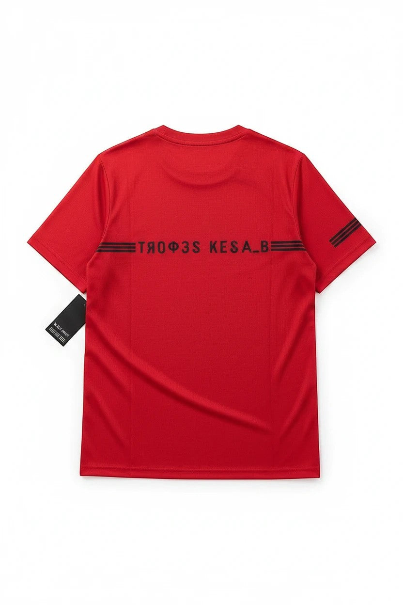 The Nile Luxuries red performance crew neck t-shirt with back graphic print and short sleeves