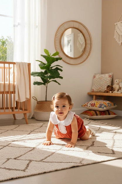 Baby wearing a The Nile Luxuries rust-colored ribbed bubble romper with a white ruffled Peter Pan collar on a rug.