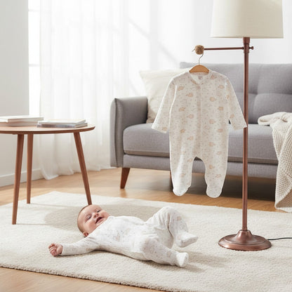 The Nile Luxuries white ribbed knit baby sleepsuit with cloud and elephant pattern, long sleeves, footies, and front snaps.