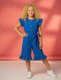 The Nile Luxuries royal blue ruffled sleeve culotte jumpsuit with wooden buttons and tie belt.