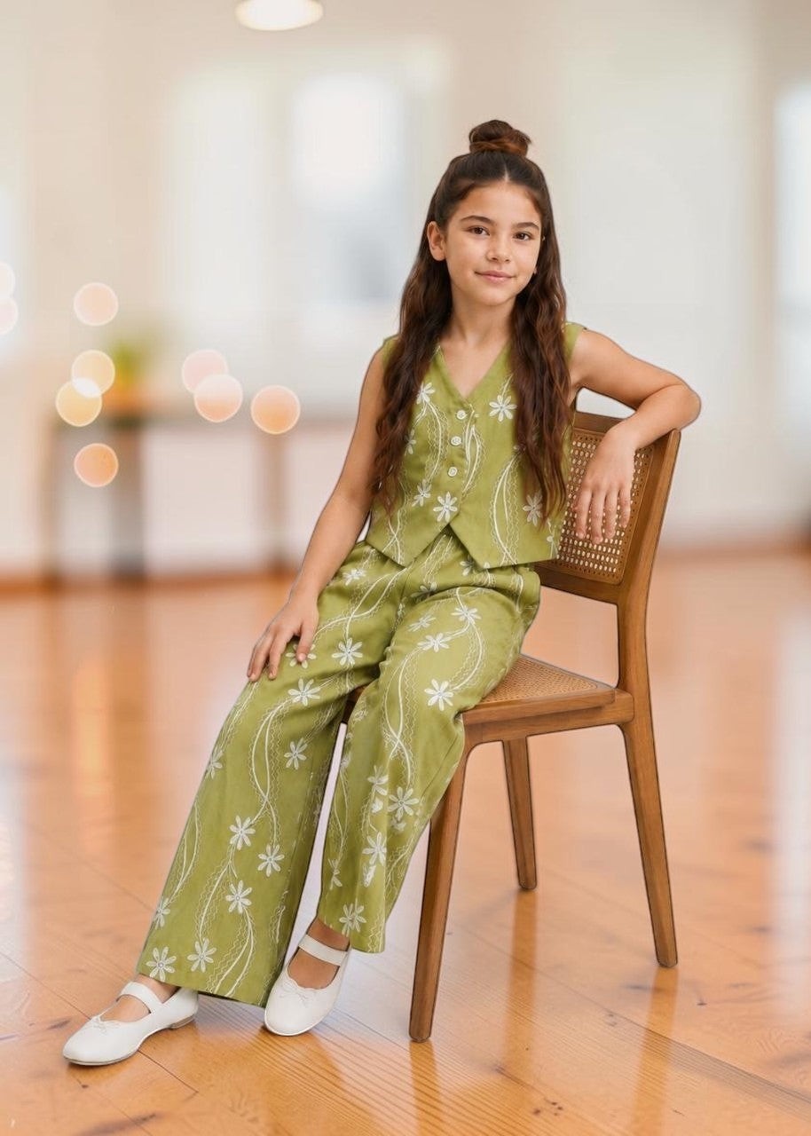 The Nile Luxuries sage green linen-blend vest and wide-leg pants set with white floral embroidery. V-neck vest with button front.