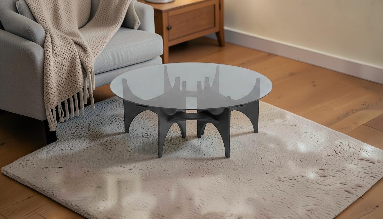 The Nile Luxuries Sculptural Glass Top Coffee Table with dark matte base and smoked glass top.