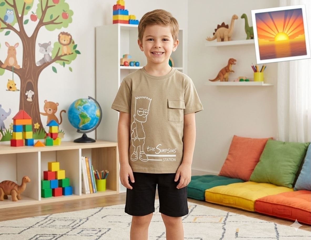 The Nile Luxuries tan Bart Simpson graphic t-shirt with chest pocket and black shorts on a smiling young boy.