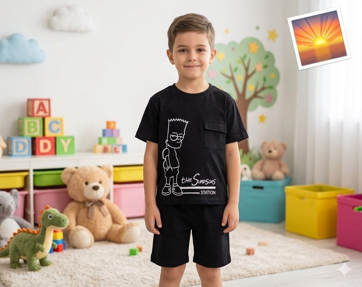 Young boy wearing The Nile Luxuries black Simpsons graphic t-shirt with chest pocket and matching black shorts.