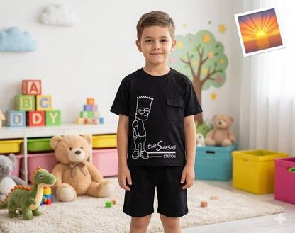 Young boy wearing The Nile Luxuries black Simpsons graphic t-shirt with chest pocket and matching black shorts.