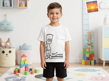 A young boy wearing The Nile Luxuries white Bart Simpson graphic t-shirt with a chest pocket and black shorts.