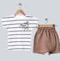 The Nile Luxuries black and white striped t-shirt with embroidered bows and brown shorts set.