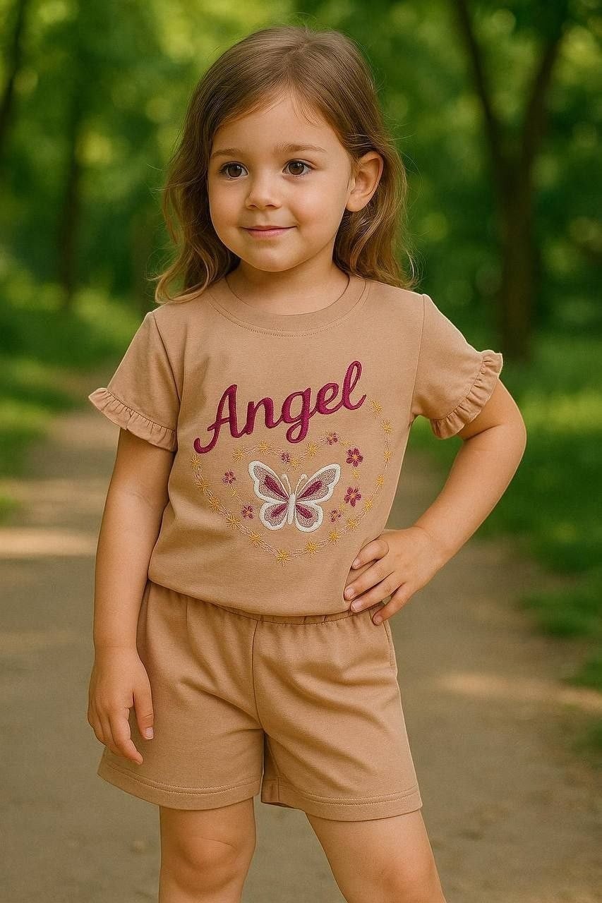 The Nile Luxuries girls tan short sleeve t-shirt and shorts set with Angel graphic and butterfly detail