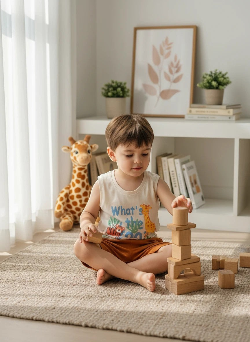 Toddler boy wearing The Nile Luxuries zoo-themed graphic tank top and brown shorts while playing with wooden blocks.