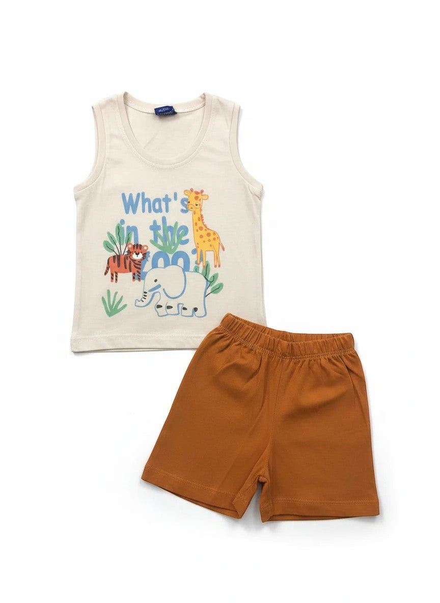 The Nile Luxuries toddler tank top and shorts set featuring a cream animal graphic top and solid brown pull-on shorts.