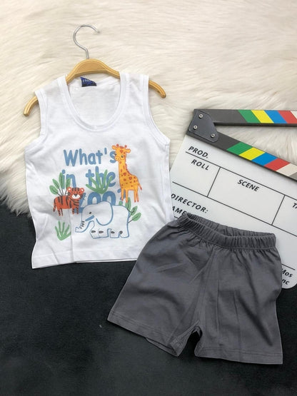 The Nile Luxuries toddler set with a white animal graphic tank top and grey elastic shorts for summer play.