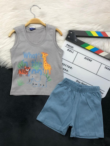 The Nile Luxuries toddler tank top and shorts set featuring a grey animal graphic top and blue pull-on shorts.