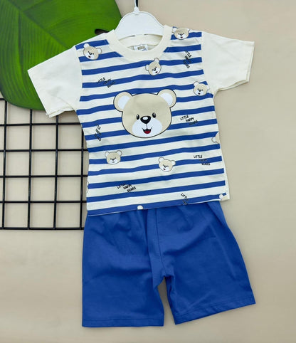 The Nile Luxuries toddler two-piece set featuring a striped bear graphic t-shirt and solid blue shorts.