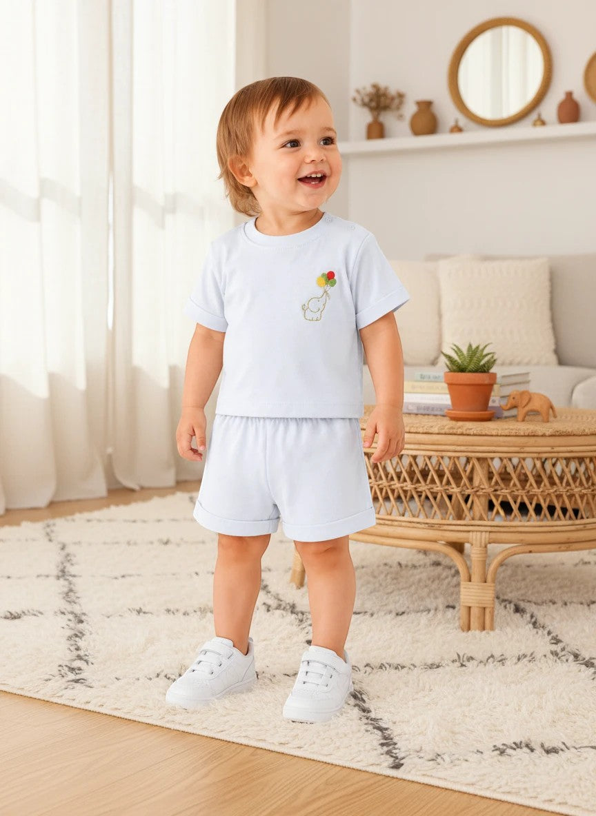 Toddler wearing The Nile Luxuries light blue short sleeve shirt and shorts set with embroidered elephant design