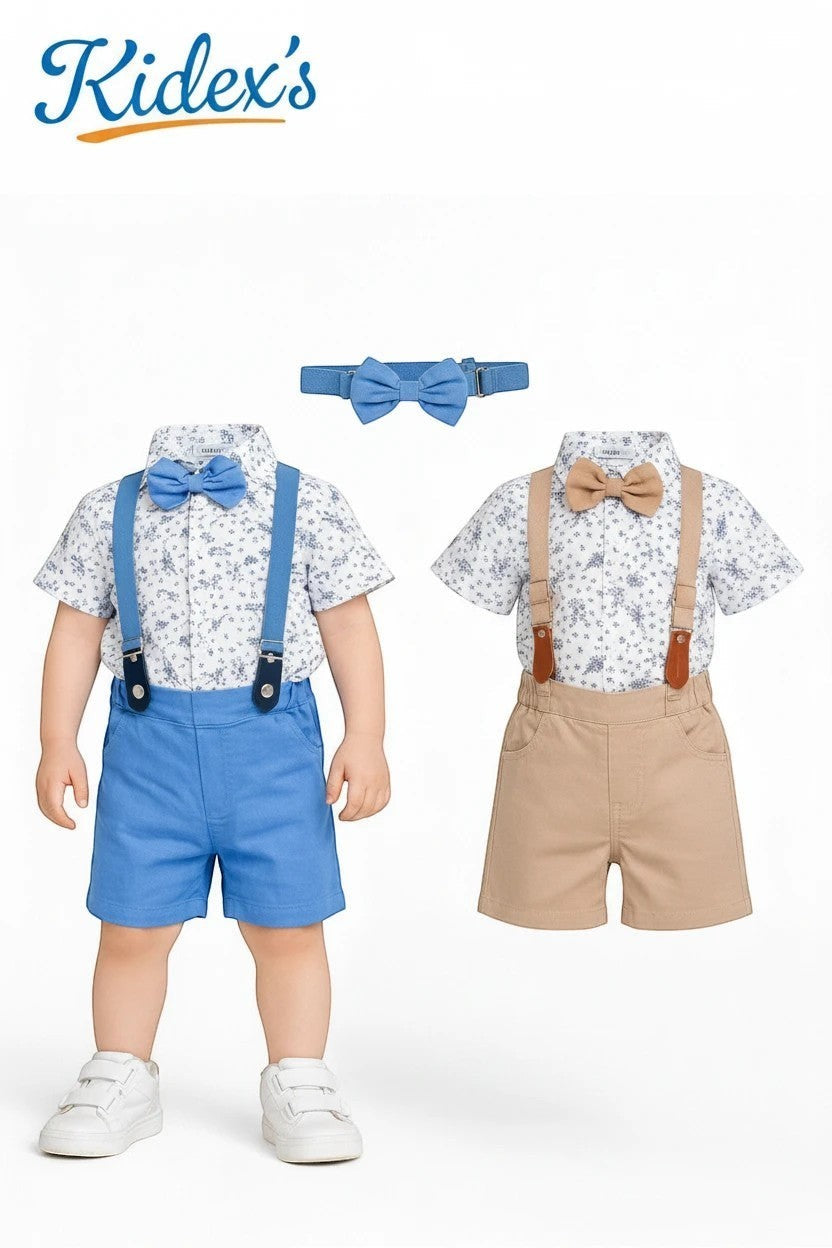 The Nile Luxuries formal toddler boy outfit set with floral shirt, shorts, suspenders, and bow tie in blue and beige.