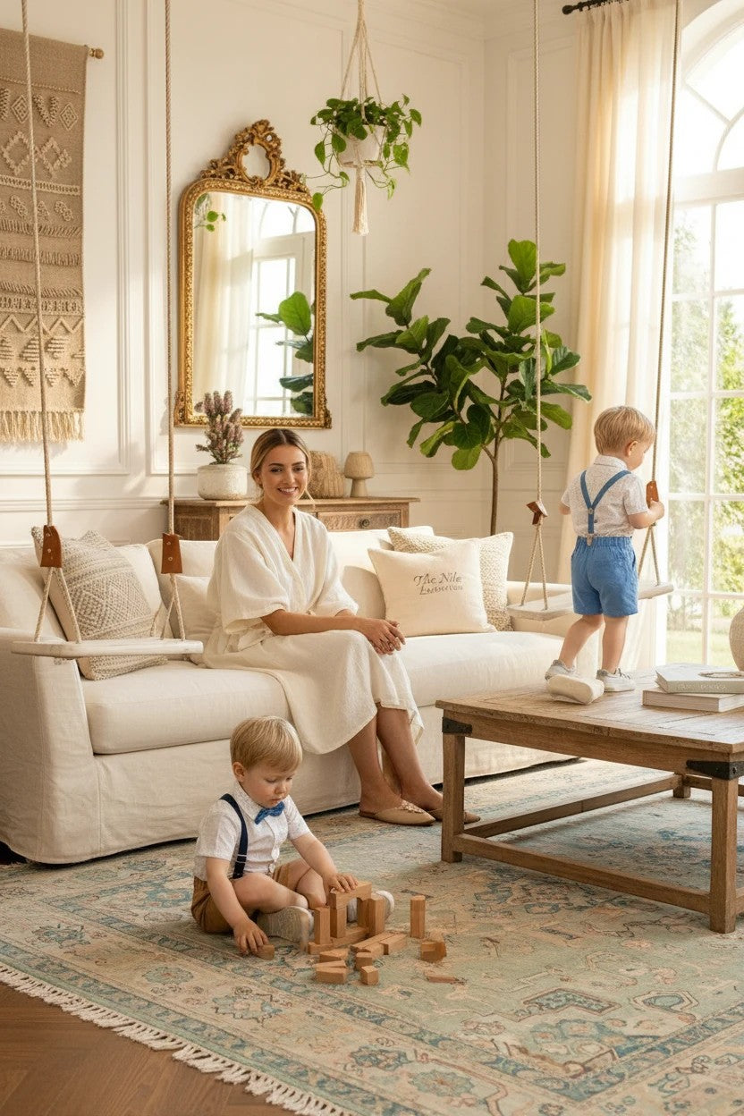 The Nile Luxuries formal toddler boy outfit with white patterned shirt, blue shorts, bow tie, and adjustable suspenders