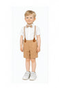 Toddler boy wearing The Nile Luxuries formal white patterned shirt, tan shorts, bow tie, and adjustable suspenders.