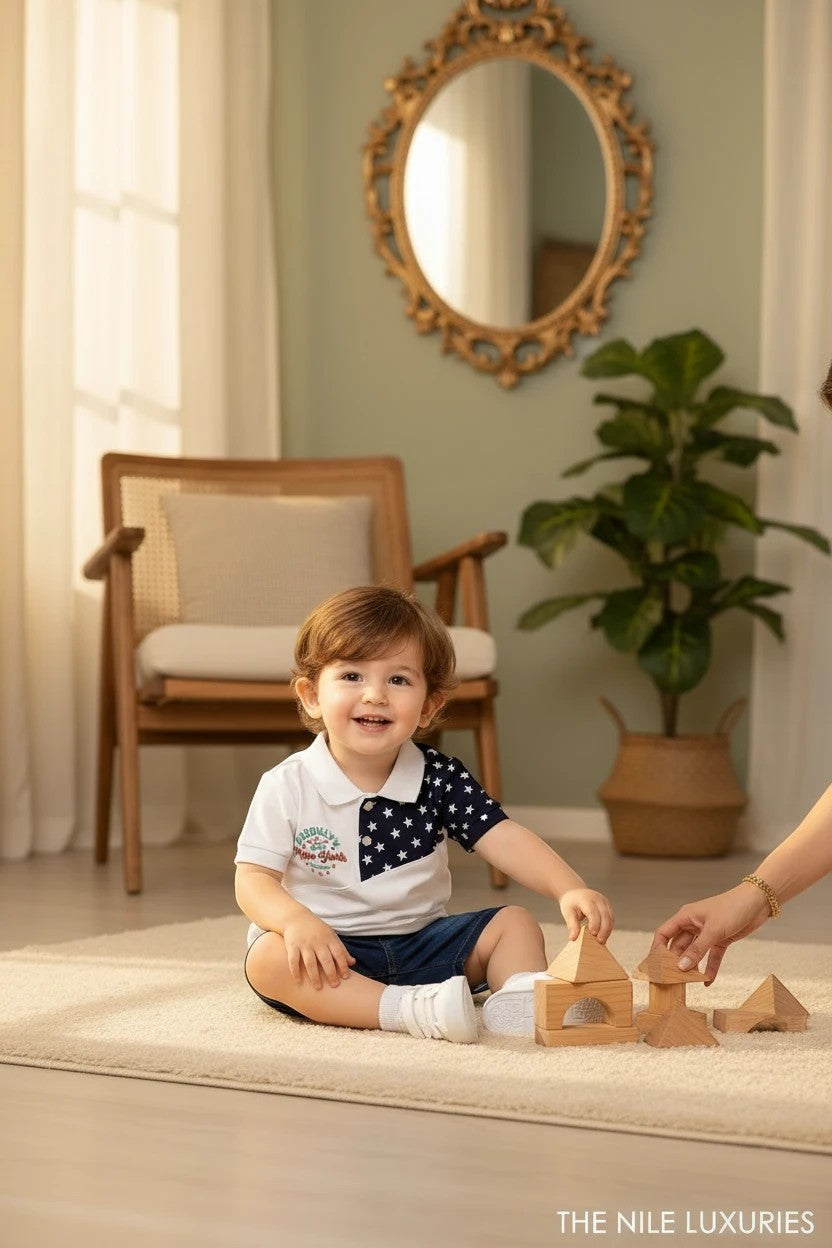 Toddler boy wearing a The Nile Luxuries white color-blocked polo with star print and denim shorts playing with blocks.
