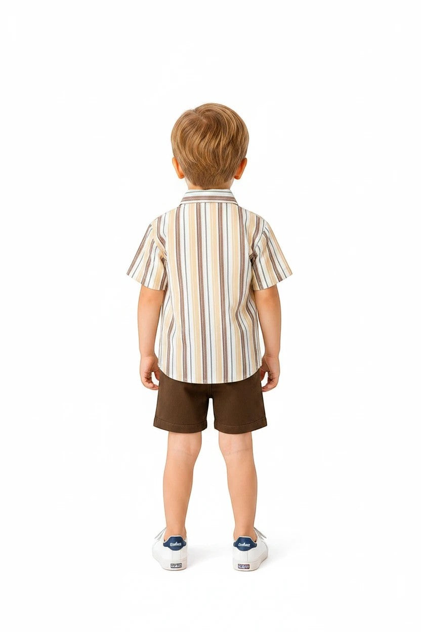 Toddler boy wearing The Nile Luxuries striped short-sleeve button-down shirt and brown shorts from behind.