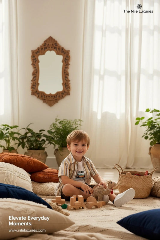 Toddler boy wearing The Nile Luxuries 3-piece summer outfit with striped button-down, graphic tee, and shorts.