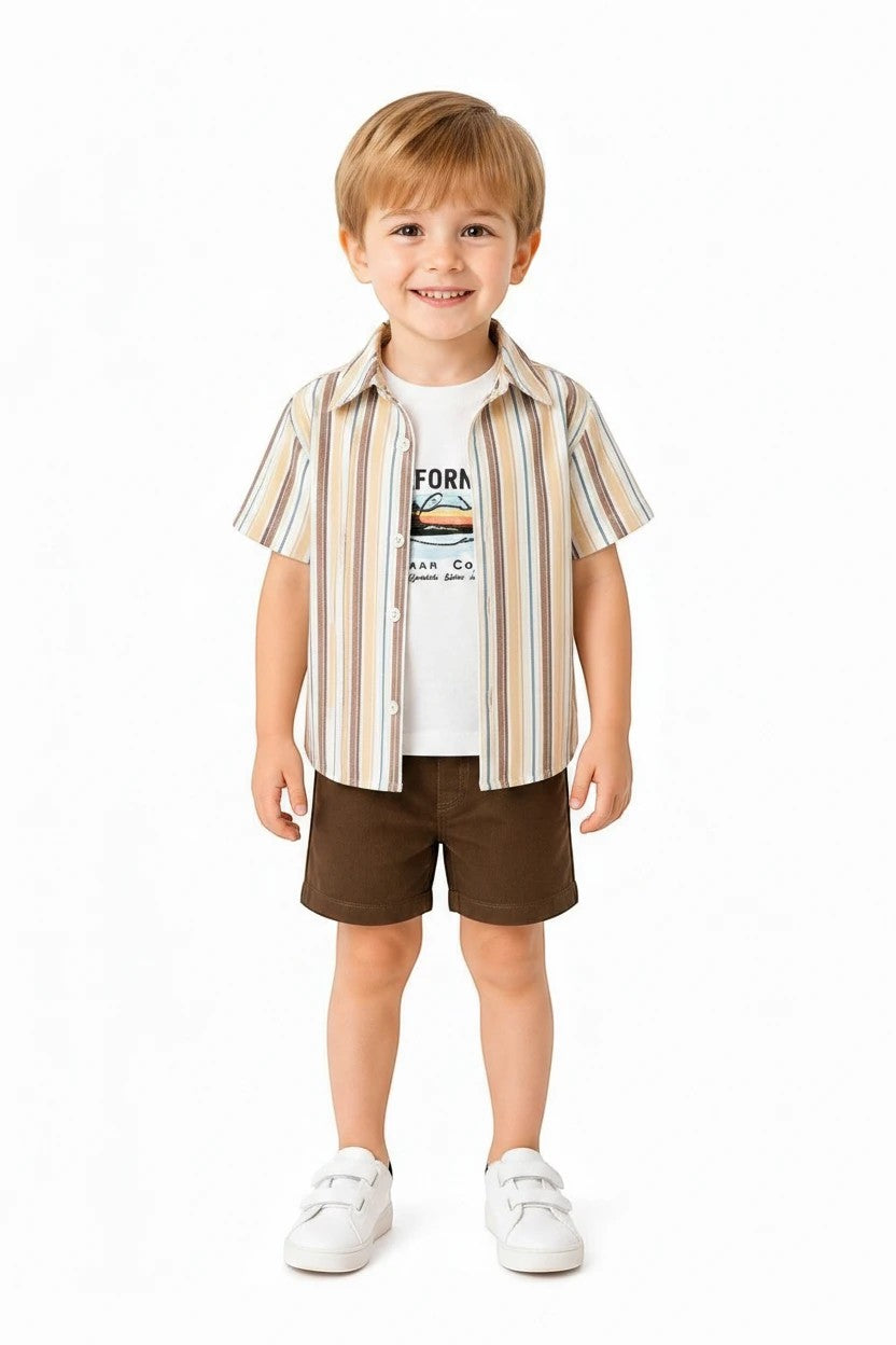 Toddler boy wearing The Nile Luxuries 3-piece summer outfit with striped shirt, graphic tee, and brown shorts.